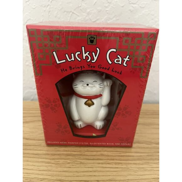 LUCKY CAT He Brings You Good Luck hand painted statue, book and display - Picture 1 of 4